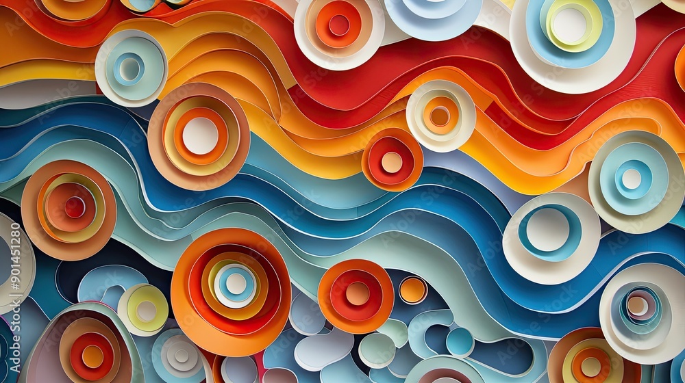Aufkleber abstract paper art featuring an array of colorful circles and 3d wavy lines, creating a lively and i