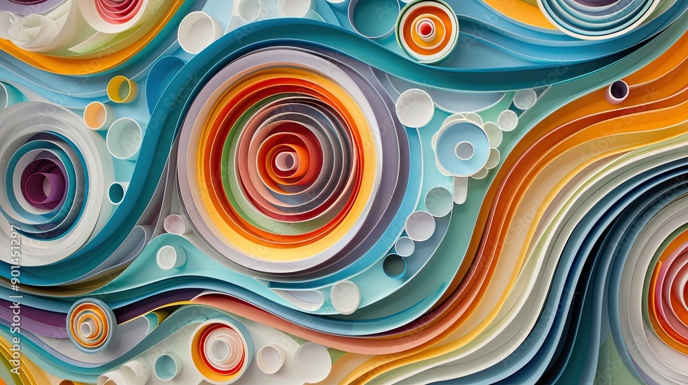 Poster abstract paper art featuring an array of colorful circles and 3d wavy lines, creating a lively and i