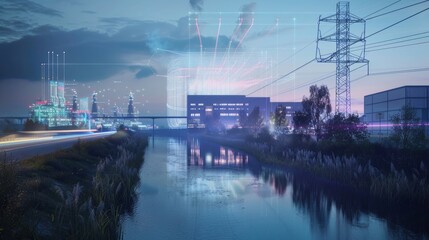 Fototapeta premium Smart Sustainability Industrial Power Hub Embracing Innovation and Efficiency Along the Riverfront at Dusk
