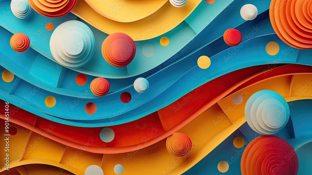 Poster artistic abstract paper art with vibrant circles and 3d wavy lines, showcasing a creative and dynami