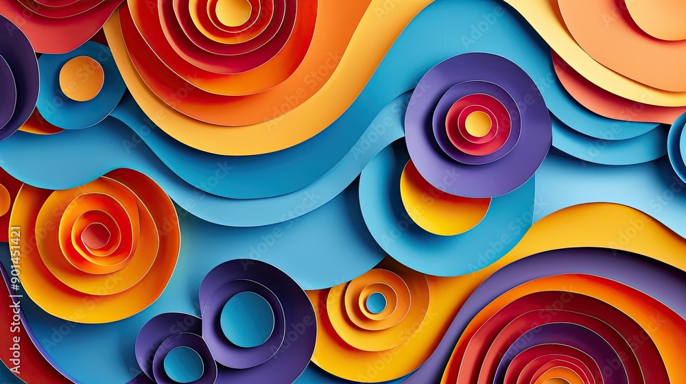 Poster artistic abstract paper art with vibrant circles and 3d wavy lines, showcasing a creative and dynami