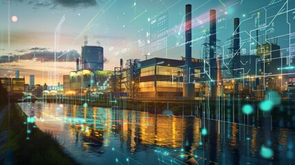 Fototapeta premium Smart Sustainability Industrial Power Hub Embracing Innovation and Efficiency Along the Riverfront at Dusk