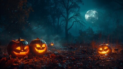 Naklejka premium Halloween pumpkin under full moon