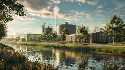 Obraz premium Green Energy Oasis EcoFriendly Power Plant with CuttingEdge Emissions Control and Clean Energy Certification