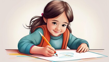 little girl drawing with pencils
