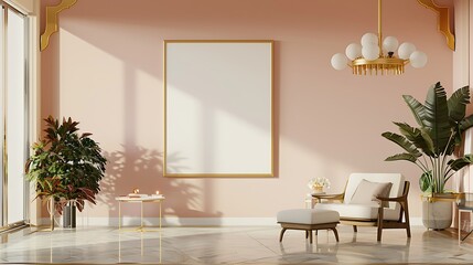 A spacious and airy living room in a luxury apartment with a mockup poster frame on a pastel-colored wall, complemented by modern minimalist decor and a statement chandelier. 