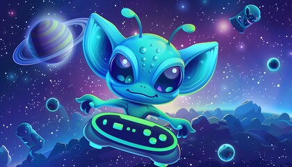 space, illustration, cartoon, vector, star, moon, night, planet, sky, water, nature, fish, stars, light, blue, art, alien, color, sea, design, fantasy, ufo, earth, rocket, butterfly
