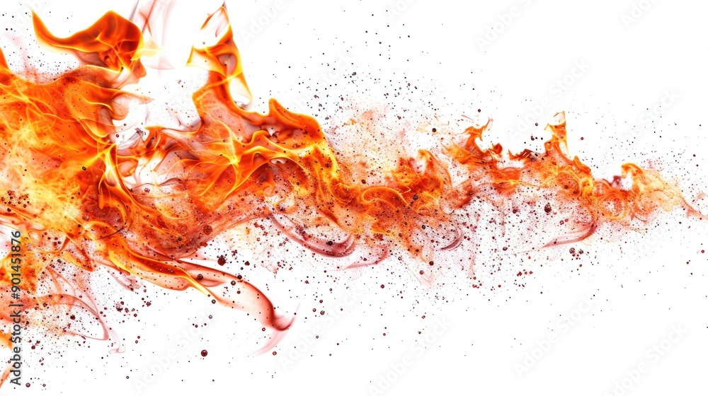 Poster bright and dynamic fire flames, isolated and cut out with intricate details on a white background, c