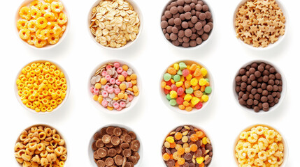 A collection of different breakfast cereals displayed on a white background, viewed from above.