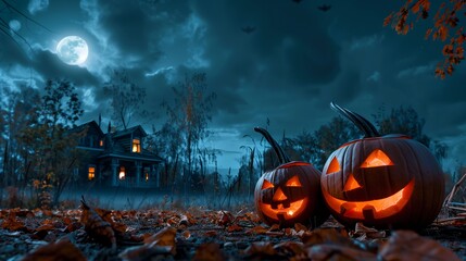 Naklejka premium Halloween pumpkin under full moon