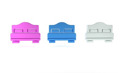 Colorful Hotel room bed icon isolated on white background. Minimalism concept. 3D render illustration