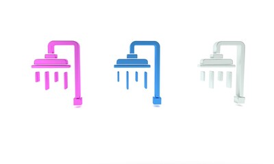 Colorful Shower head with water drops flowing icon isolated on white background. Minimalism concept. 3D render illustration