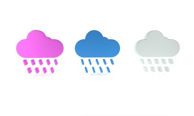 Colorful Cloud with rain icon isolated on white background. Rain cloud precipitation with rain drops. Minimalism concept. 3D render illustration