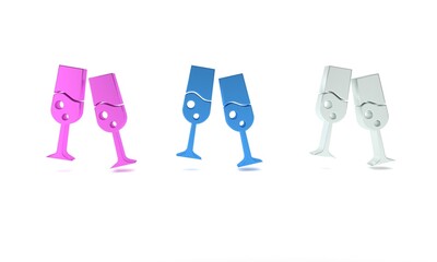 Colorful Glass of champagne icon isolated on white background. Merry Christmas and Happy New Year. Minimalism concept. 3D render illustration