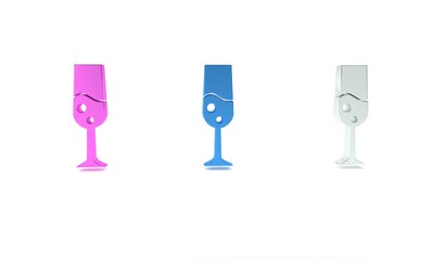 Colorful Glass of champagne icon isolated on white background. Merry Christmas and Happy New Year. Minimalism concept. 3D render illustration