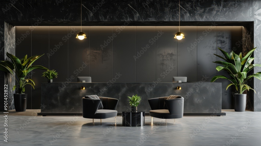 Wall mural a black and white room with a black desk and two black chairs