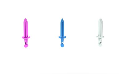 Colorful Medieval sword icon isolated on white background. Medieval weapon. Minimalism concept. 3D render illustration