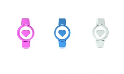 Colorful Smart watch showing heart beat rate icon isolated on white background. Fitness App concept. Minimalism concept. 3D render illustration