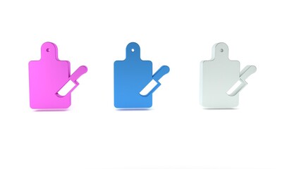 Colorful Cutting board and knife icon isolated on white background. Chopping Board symbol. Cutlery symbol. Minimalism concept. 3D render illustration