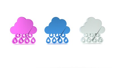 Colorful Cloud with rain icon isolated on white background. Rain cloud precipitation with rain drops. Minimalism concept. 3D render illustration