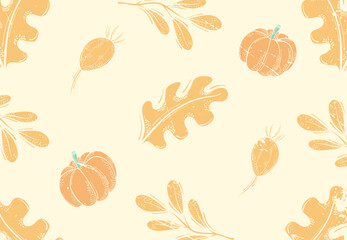 Fall harvest pattern, with orange pumpkins and forest leaves. Isolated on white background. Design for wallpapers, digital paper. Vintage style. Autumn background 