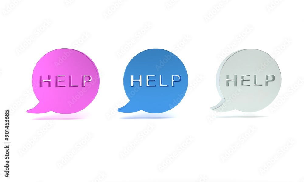 Poster colorful speech bubble with text help icon isolated on white background. minimalism concept. 3d rend