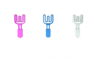 Colorful Garden rake icon isolated on white background. Tool for horticulture, agriculture, farming. Ground cultivator. Housekeeping equipment. Minimalism concept. 3D render illustration