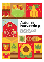 Autumn Harvest geometric poster with vegetables, barn, field and leaves. Abstract background with autumnal harvest: vegetables, sunflower, corn. Cover, flyer, template