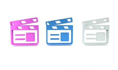Colorful Movie clapper icon isolated on white background. Film clapper board. Clapperboard sign. Cinema production or media industry. Minimalism concept. 3D render illustration