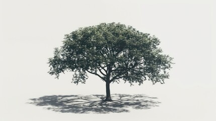 Majestic rainforest tree casting a wide shadow, with an abstract white background that highlights its towering presence and lush foliage.