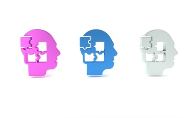 Colorful Human head puzzles strategy icon isolated on white background. Thinking brain sign. Symbol work of brain. Minimalism concept. 3D render illustration