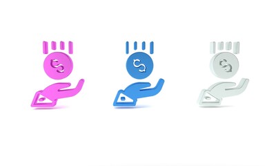 Colorful Coins on hand - minimal wage icon isolated on white background. Minimalism concept. 3D render illustration