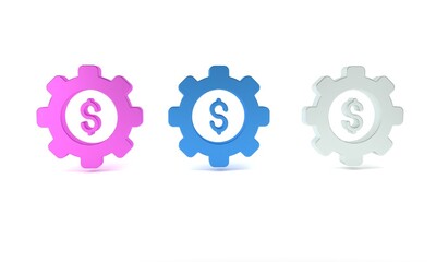 Colorful Gear with dollar symbol icon isolated on white background. Business and finance conceptual icon. Minimalism concept. 3D render illustration