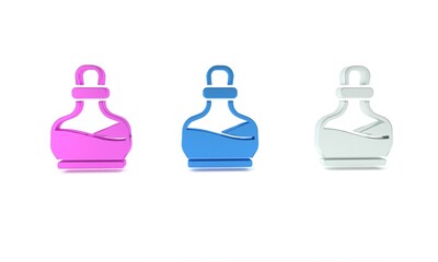 Colorful Bottle with potion icon isolated on white background. Flask with magic potion. Happy Halloween party. Minimalism concept. 3D render illustration