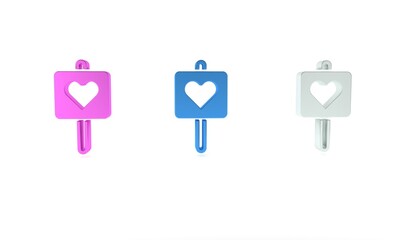 Fototapeta premium Colorful Map pointer with heart icon isolated on white background. Valentines day. Love location. Romantic map pin. Minimalism concept. 3D render illustration