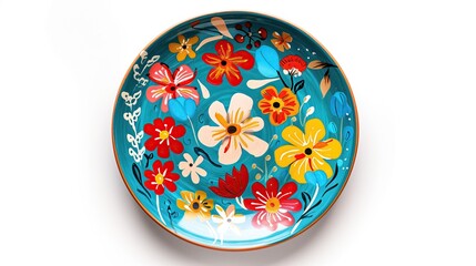 plate with flowers, top view on white background