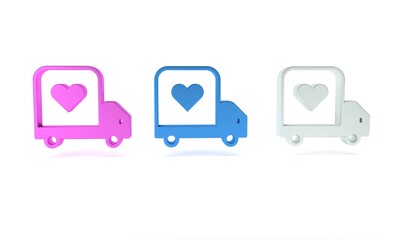 Colorful Delivery truck with heart icon isolated on white background. Love delivery truck. Love truck valentines day. Minimalism concept. 3D render illustration