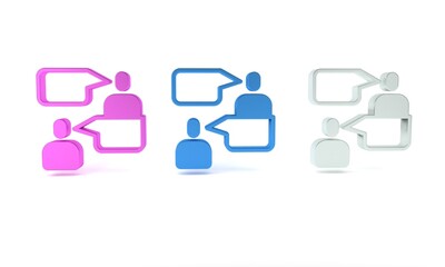 Colorful Two sitting men talking icon isolated on white background. Speech bubble chat. Message icon. Communication or comment chat symbol. Minimalism concept. 3D render illustration