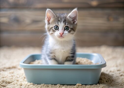 Adorable little grey and white kitten stands in a clean litter box, surrounded by sand, attempting to do its business with an innocent curious expression.