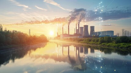 Naklejka premium EcoFriendly Innovation Sustainable Energy Plant by Tranquil River with Futuristic Data Visualizations at Dawn