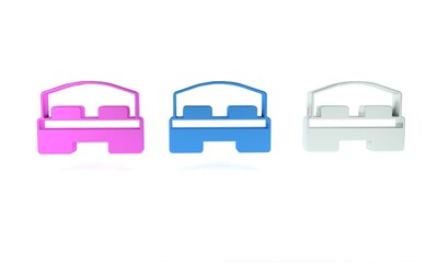 Colorful Hotel room bed icon isolated on white background. Minimalism concept. 3D render illustration