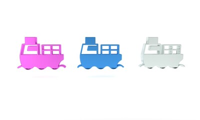 Colorful Cargo ship with boxes delivery service icon isolated on white background. Delivery, transportation. Freighter with parcels, boxes, goods. Minimalism concept. 3D render illustration