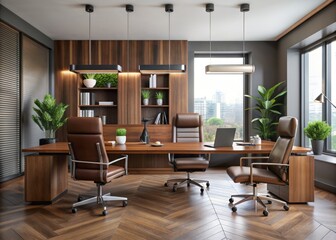 Fototapeta premium Modern office background with sleek wooden desks, leather chairs, and minimalist decor, conveying excellence, sophistication, and a strong corporate identity.