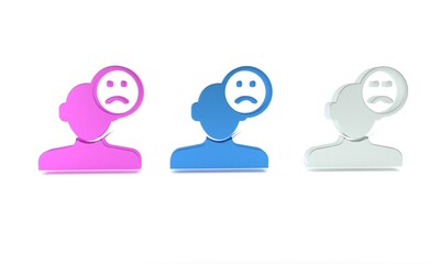 Colorful Sad and depressed man, bad mood icon isolated on white background. Minimalism concept. 3D render illustration