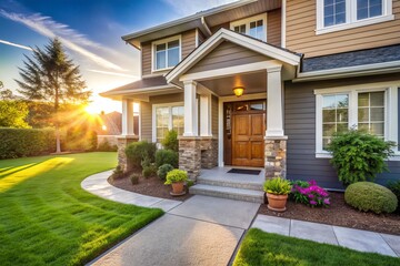 Welcoming entrance of a modern suburban home with open door, lush green lawn, and warm sunlight, inviting potential buyers to explore their dream property.