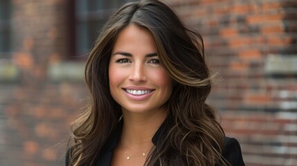 Obraz premium This image features a smiling young woman with long, wavy hair posing outdoors against a blurred brick wall background, embodying a cheerful and confident demeanor