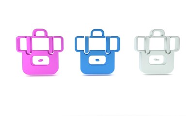 Colorful Hiking backpack icon isolated on white background. Camping and mountain exploring backpack. Minimalism concept. 3D render illustration