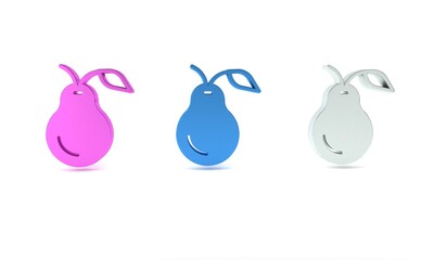 Colorful Pear icon isolated on white background. Fruit with leaf symbol. Minimalism concept. 3D render illustration