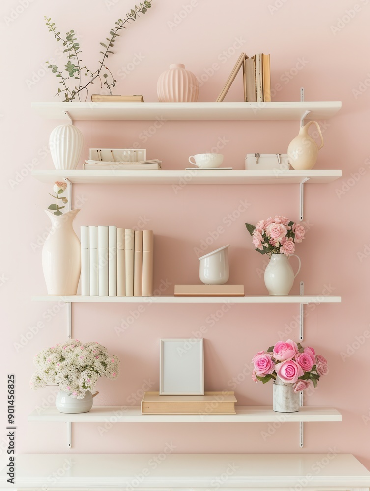 Aufkleber Decorative shelf unit displays books, vases, and photo frames artistically arranged against a soft pastel wall in a cozy indoor setting. Generative AI