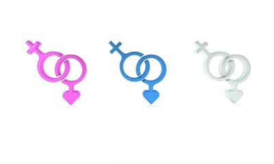 Colorful Gender icon isolated on white background. Symbols of men and women. Sex symbol. Happy Valentines day. Minimalism concept. 3D render illustration